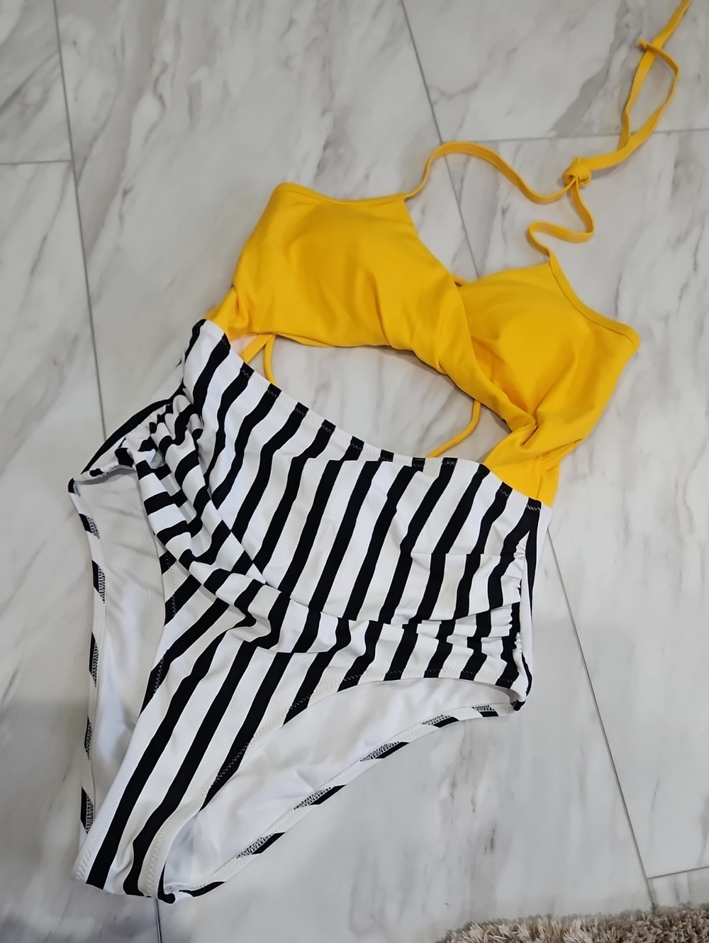 Yellow and Black & White Striped One-Piece Swimsuit